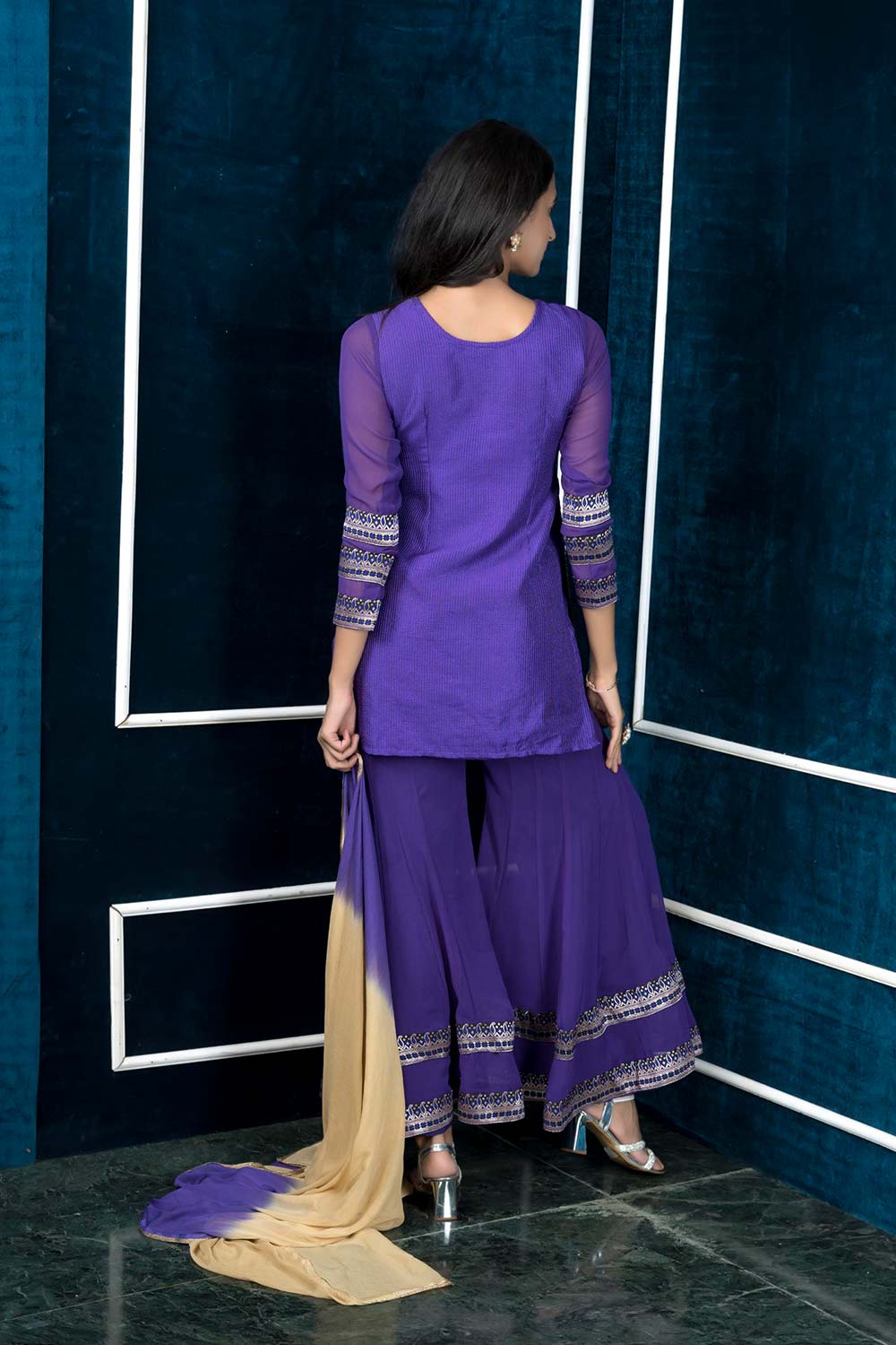 Purple Art Silk Stitched Straight Cut Sharara Kurti Dupatta Readymade Suits