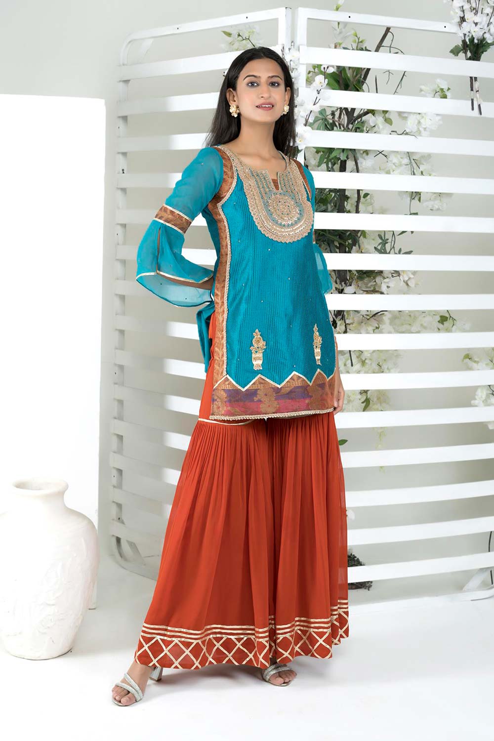 Blue Embroidered Art Silk Straight Cut Kurti