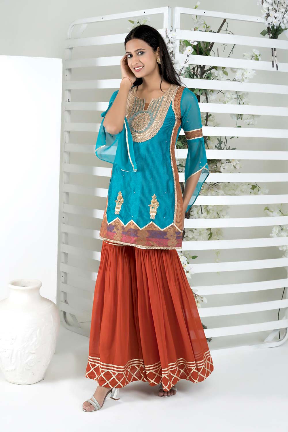 Blue Embroidered Art Silk Straight Cut Kurta