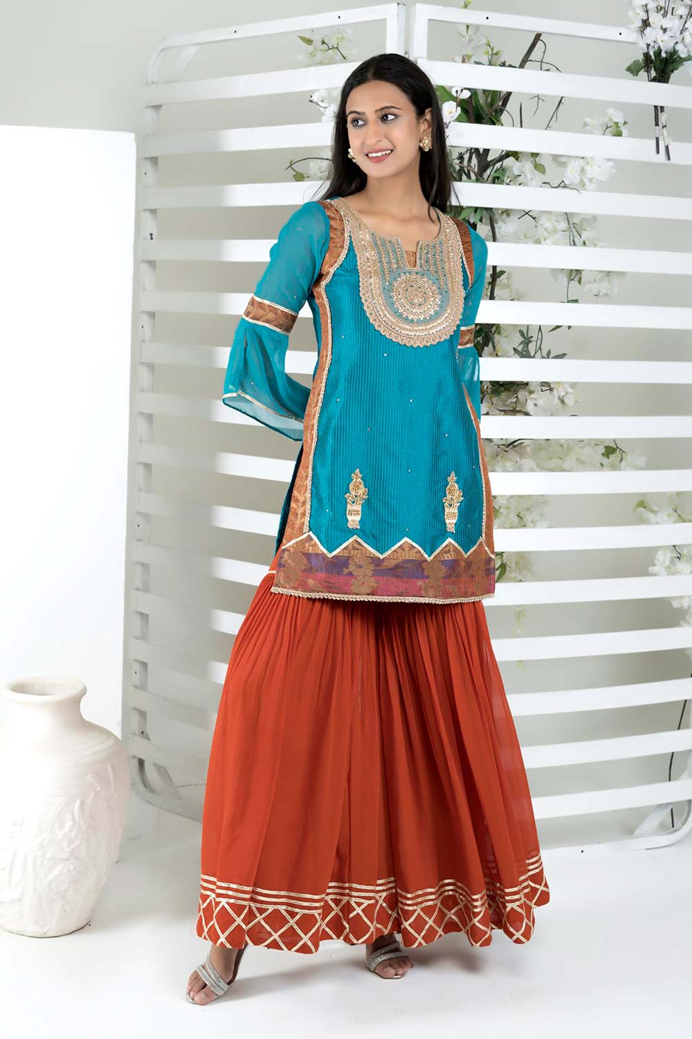 Blue Embroidered Art Silk Straight Cut Kurta