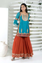 Blue Embroidered Art Silk Straight Cut Kurti