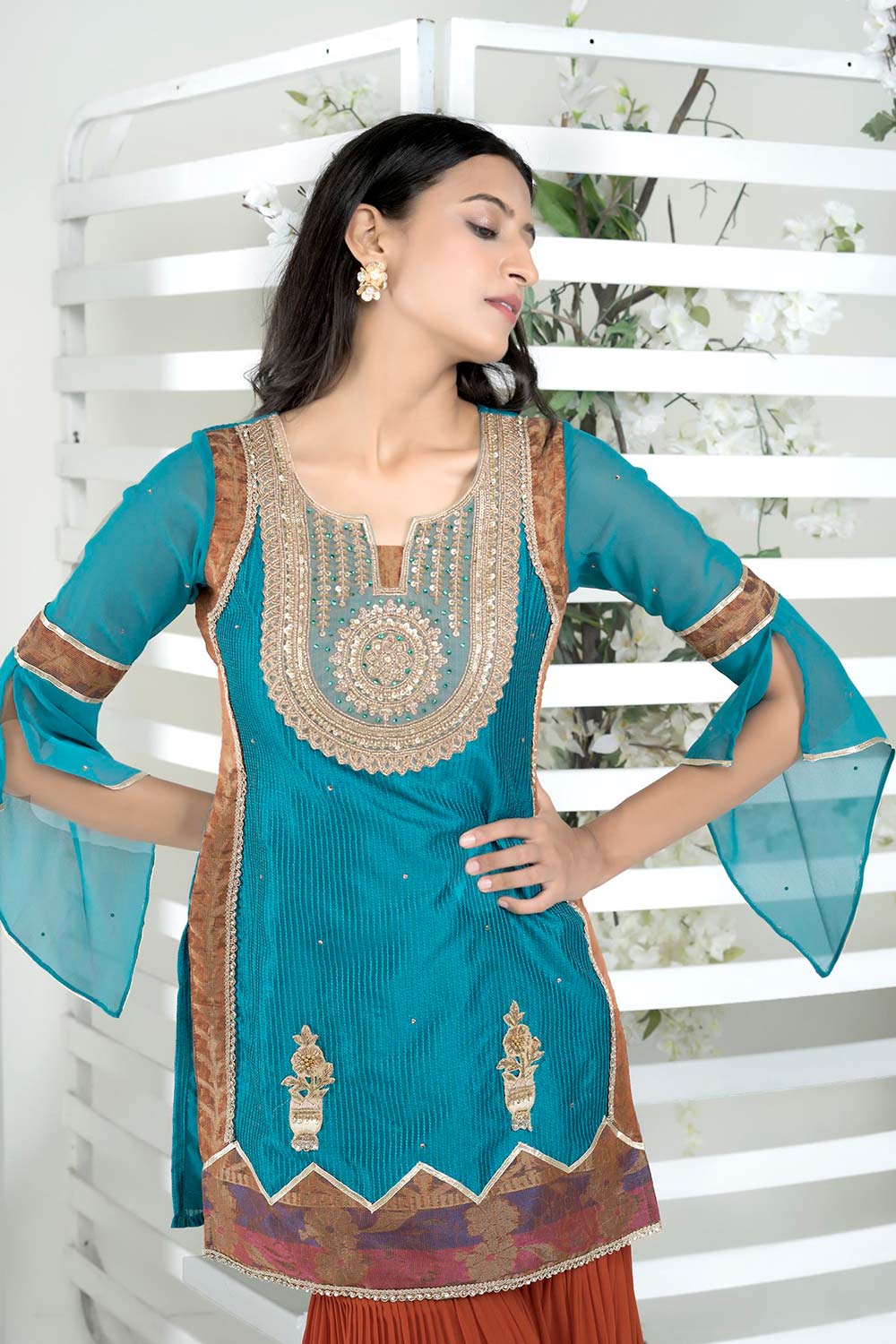 Blue Embroidered Art Silk Straight Cut Kurti