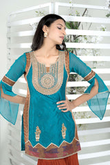 Blue Embroidered Art Silk Straight Cut Kurta