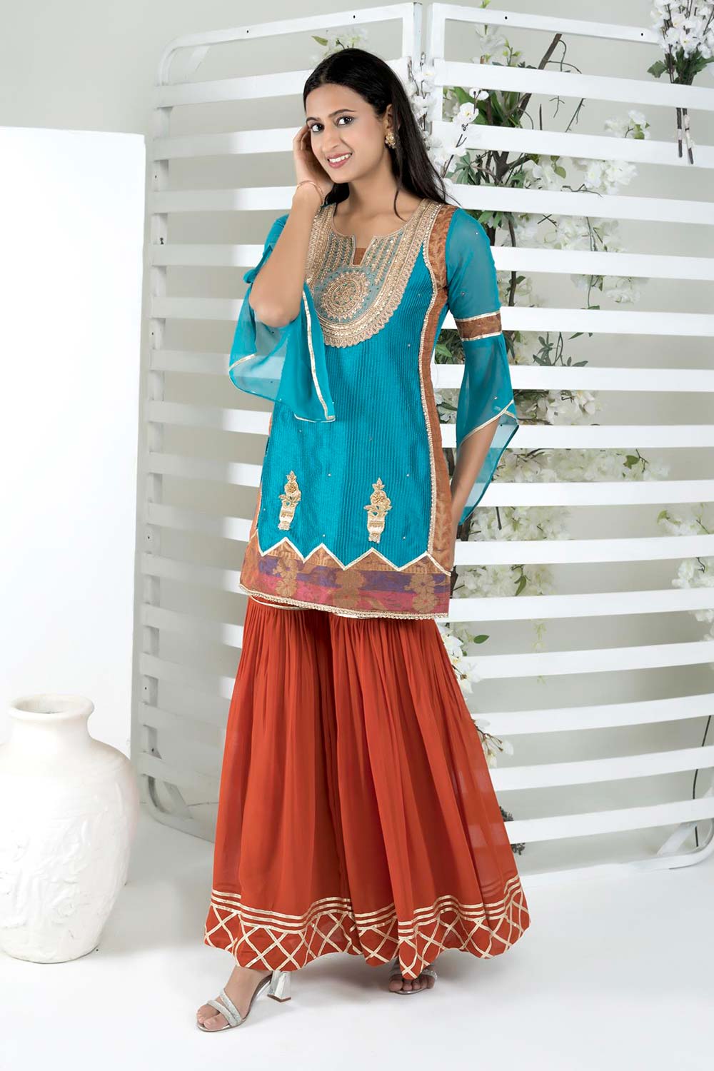 Blue Embroidered Art Silk Straight Cut Kurti Sharara Set