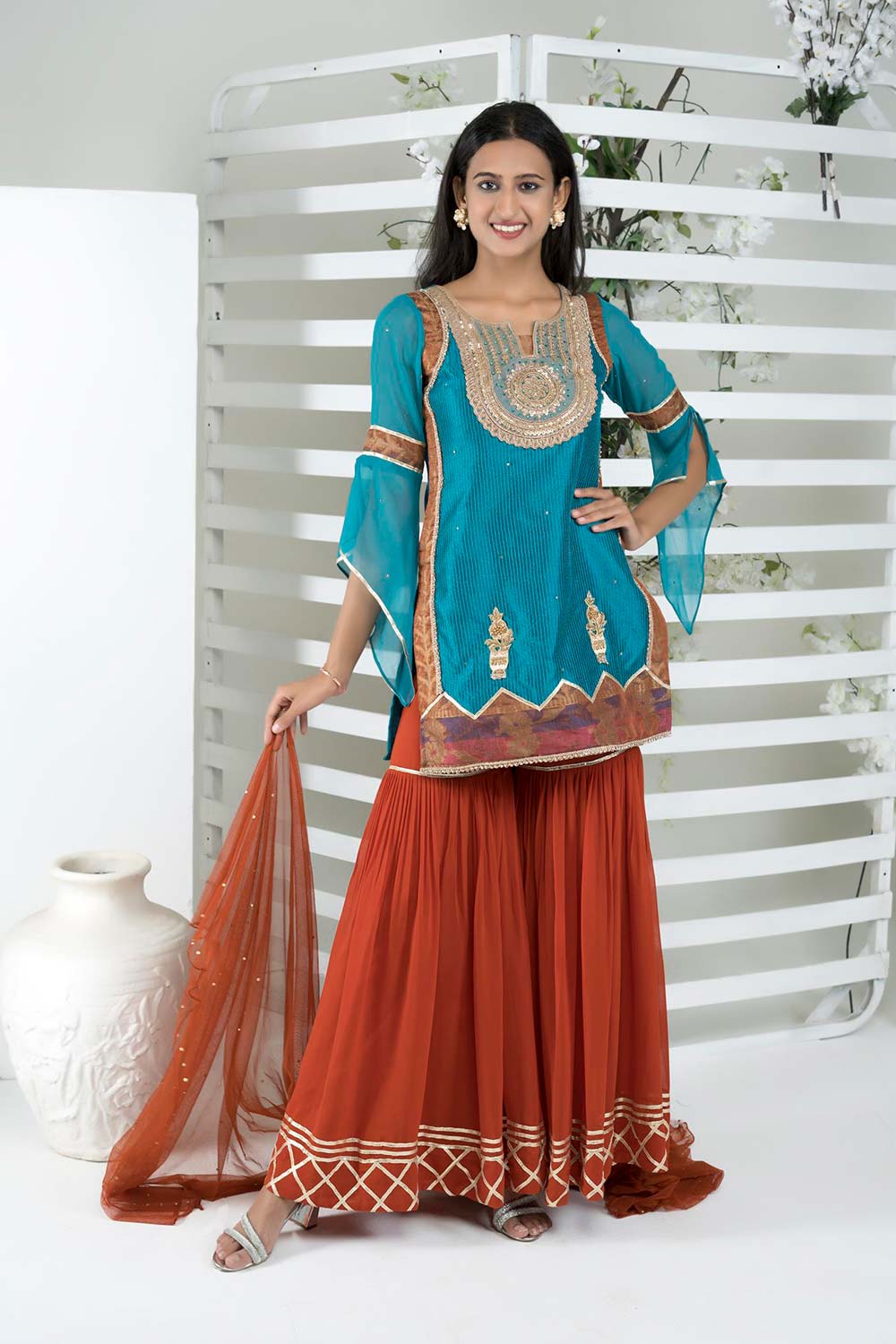 Blue Art Silk Stitched Straight Cut Sharara Kurta Dupatta Readymade Suits