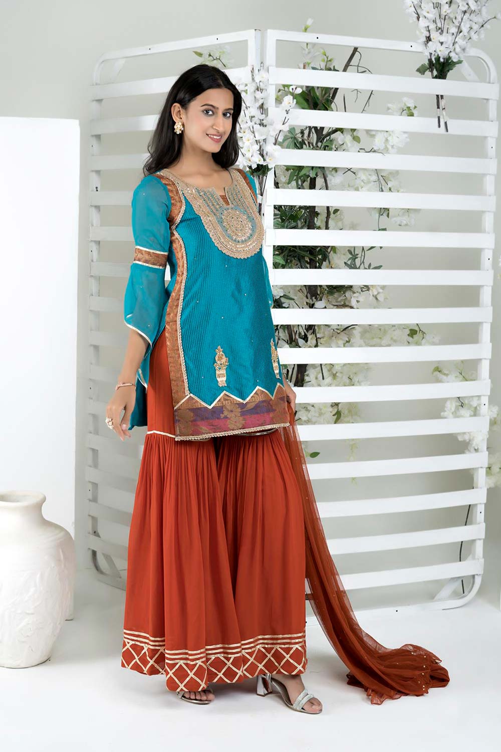 Blue Art Silk Stitched Straight Cut Sharara Kurta Dupatta Readymade Suits