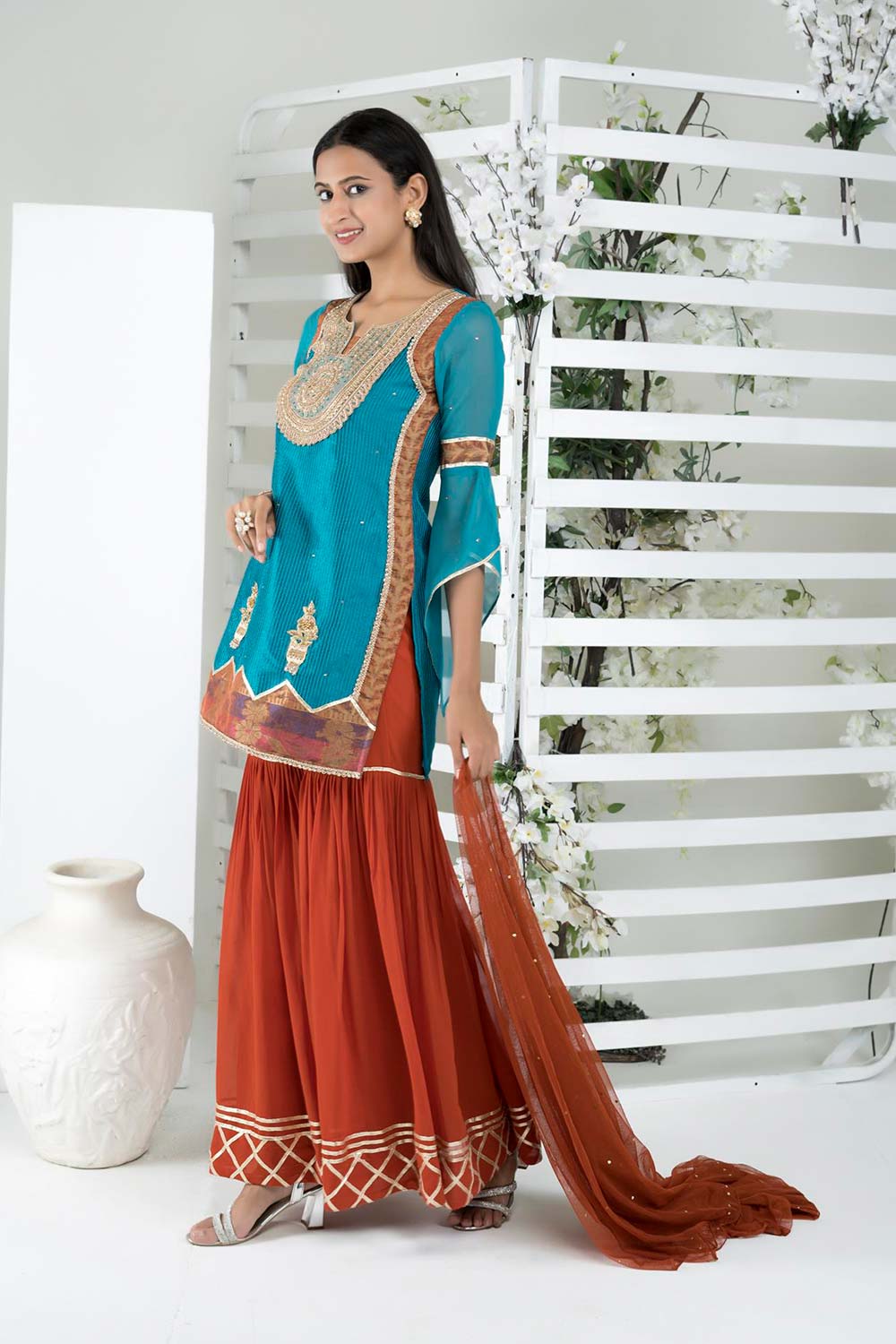 Blue Art Silk Stitched Straight Cut Sharara Kurta Dupatta Readymade Suits