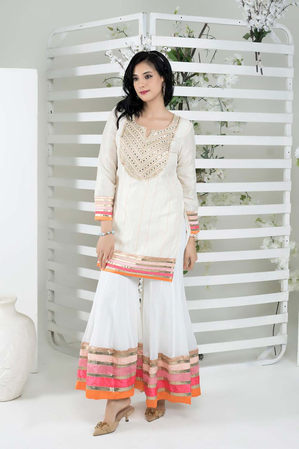 Off-White Embroidered Art Silk Straight Cut Kurti