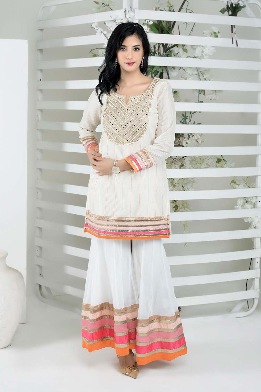 Off-White Embroidered Art Silk Straight Cut Kurta Sharara Set