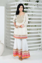 Off-White Embroidered Art Silk Straight Cut Kurti Sharara Set