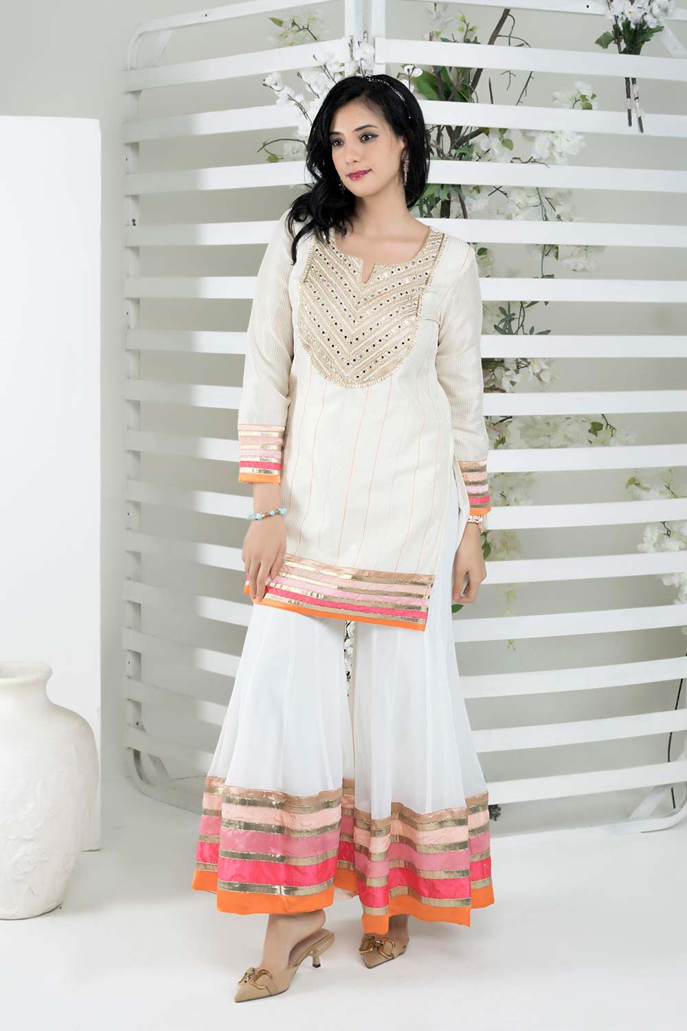 Off-White Embroidered Art Silk Straight Cut Kurti Sharara Set