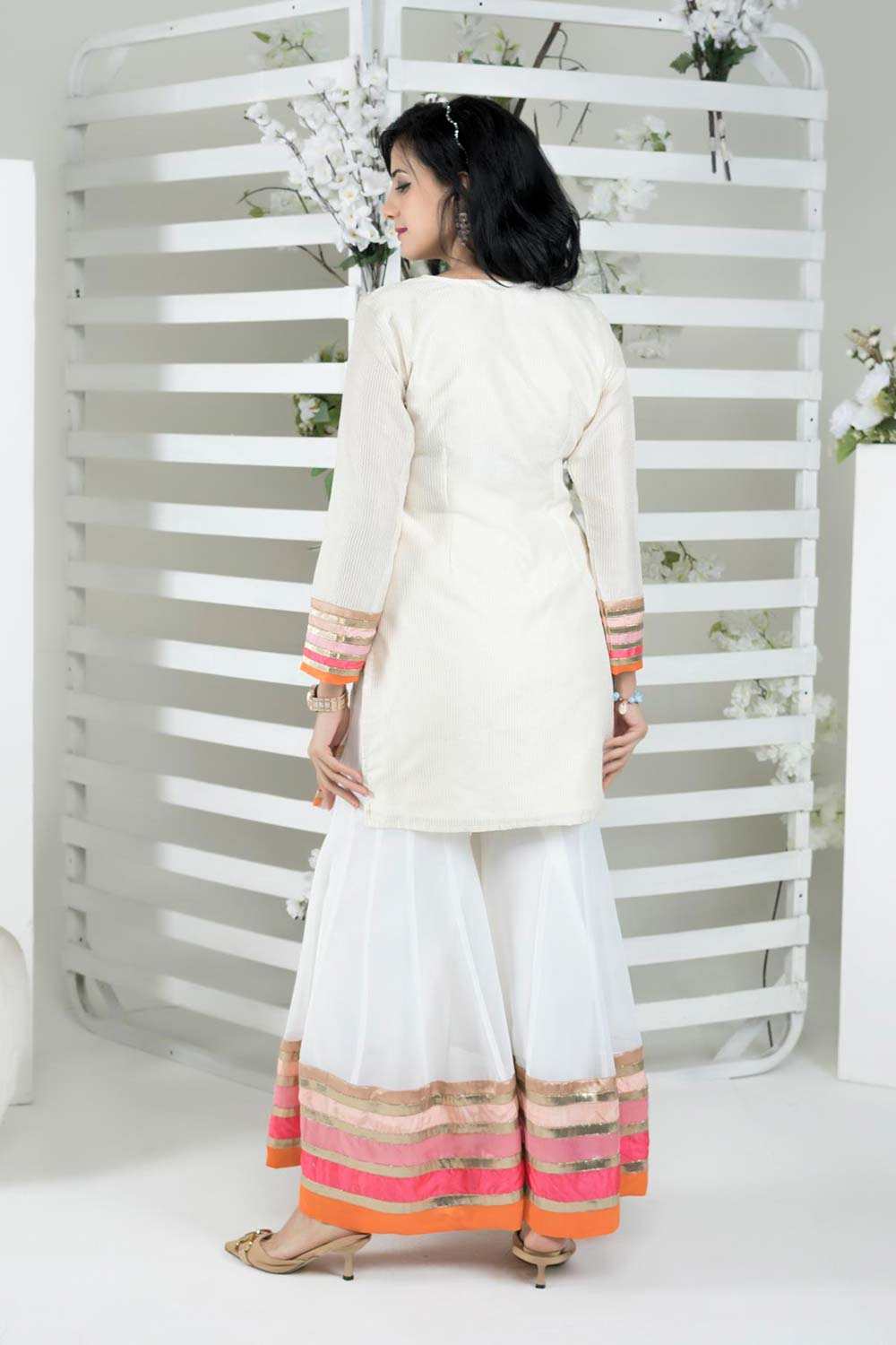 Off-White Embroidered Art Silk Straight Cut Kurta Sharara Set