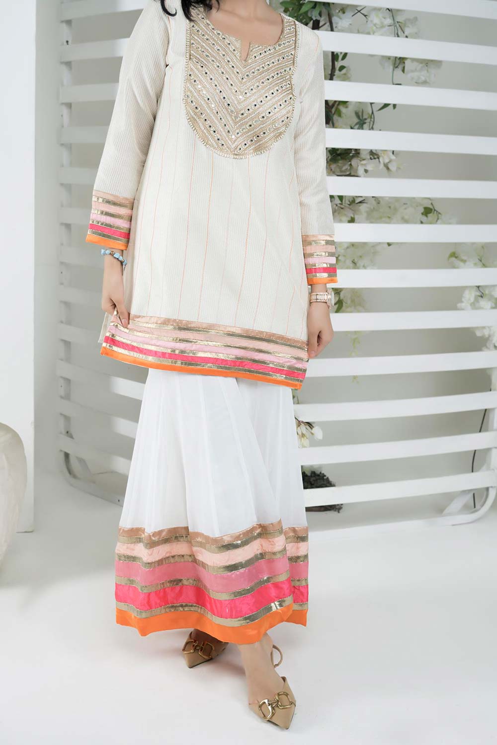 Off-White Embroidered Art Silk Straight Cut Kurti Sharara Set