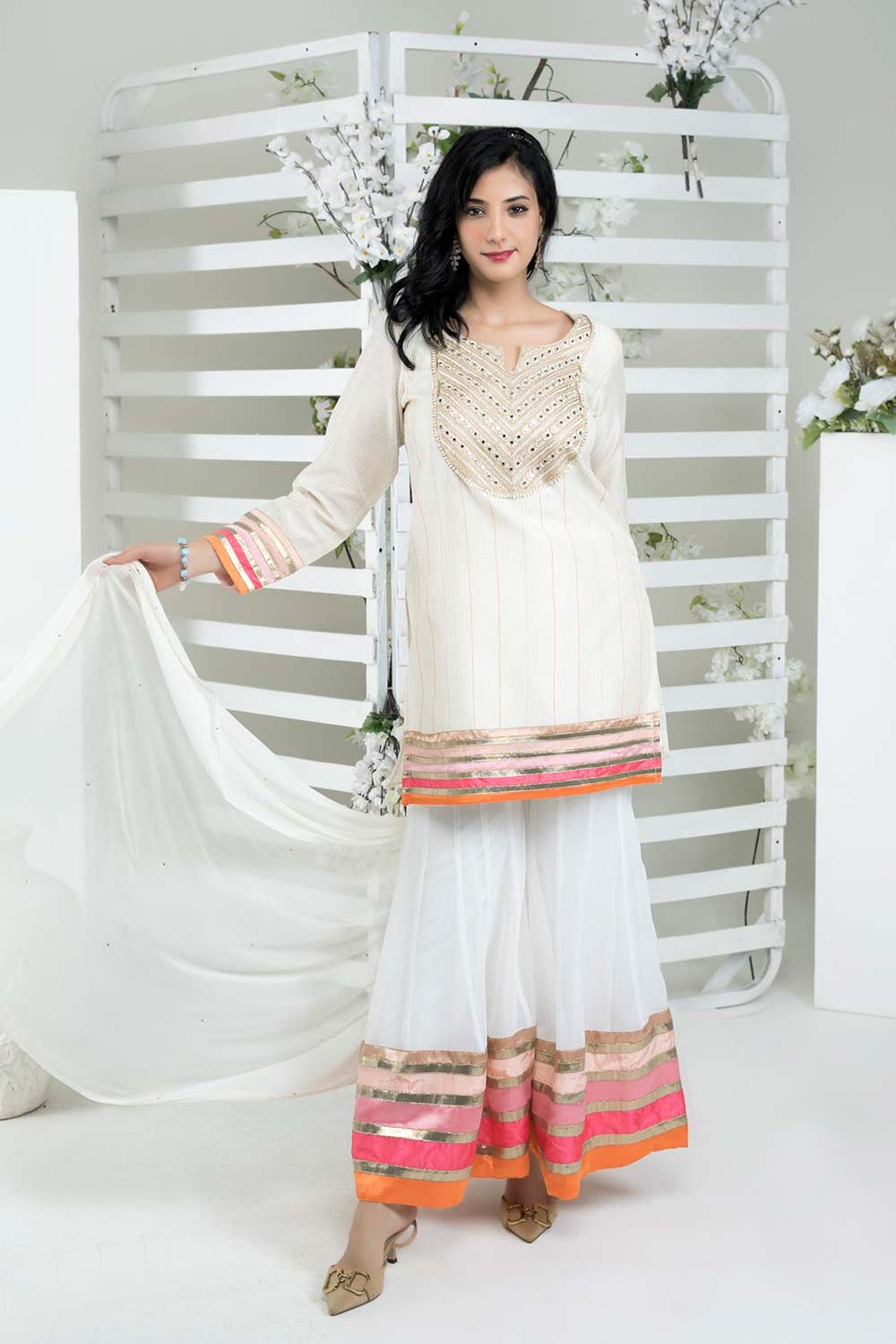 Off White Art Silk Stitched Straight Cut Sharara Kurti Dupatta Readymade Suits