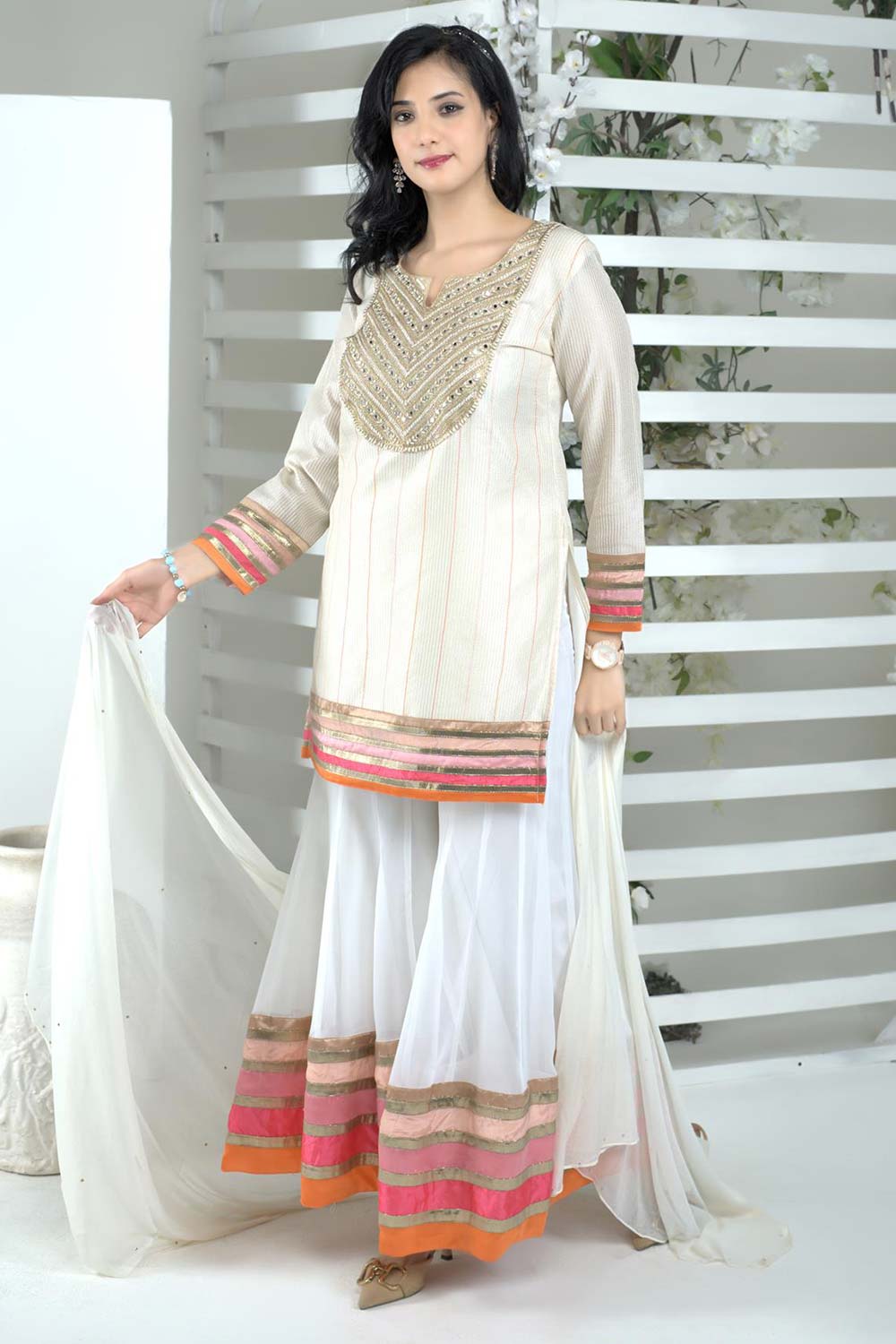 Off White Art Silk Stitched Straight Cut Sharara Kurti Dupatta Readymade Suits