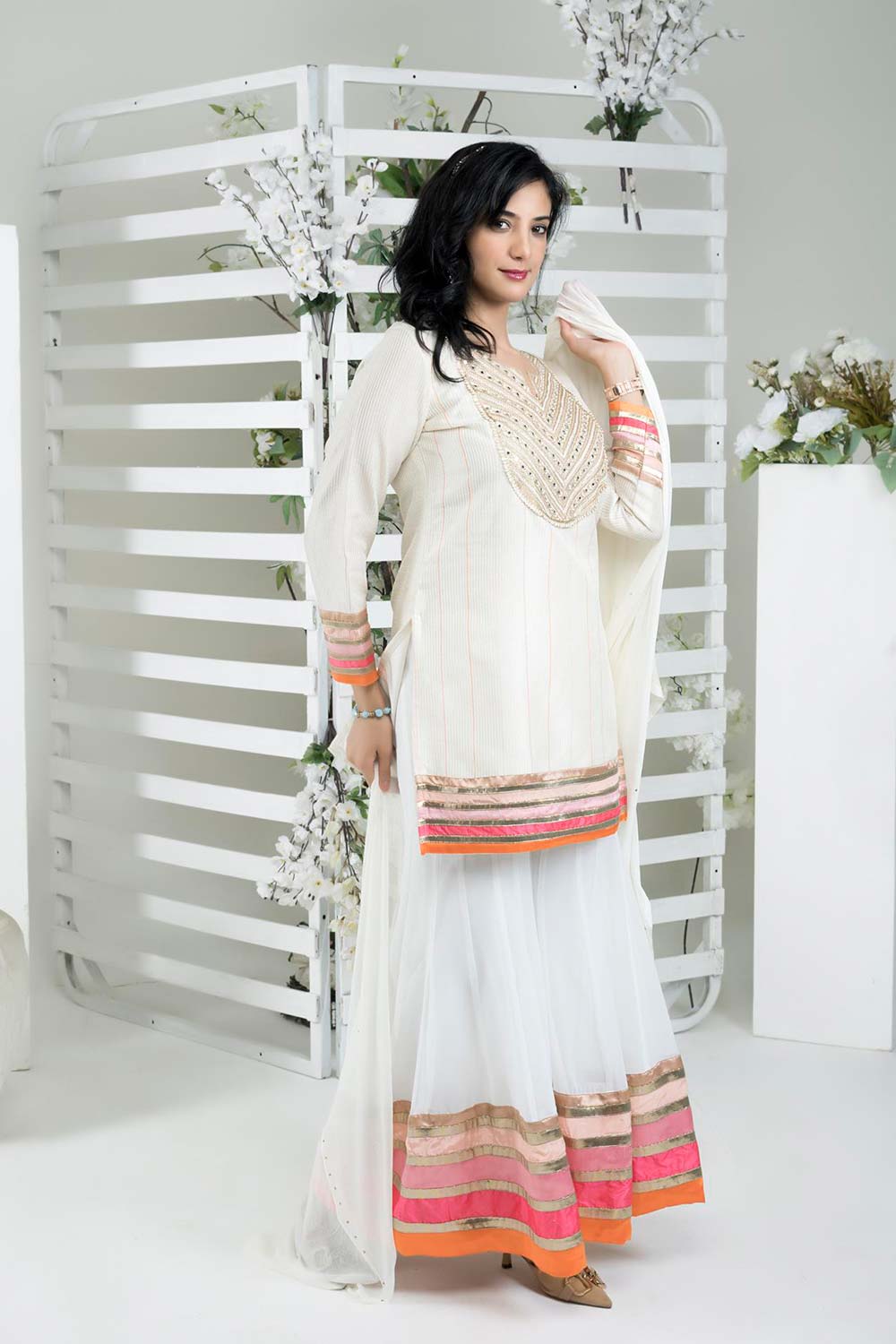 Off White Art Silk Stitched Straight Cut Sharara Kurti Dupatta Readymade Suits