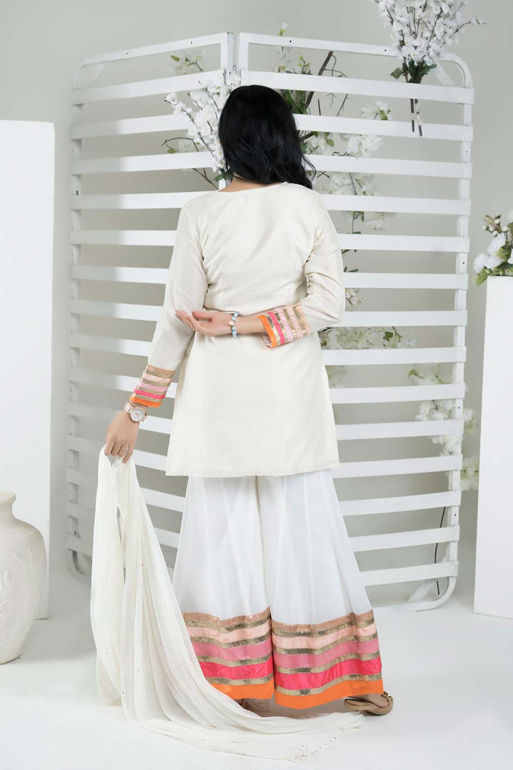 Off White Art Silk Stitched Straight Cut Sharara Kurti Dupatta Readymade Suits