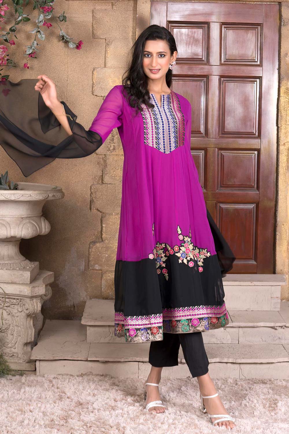 Magenta Embroidered Georgette Anarkali Kurti Pant Set