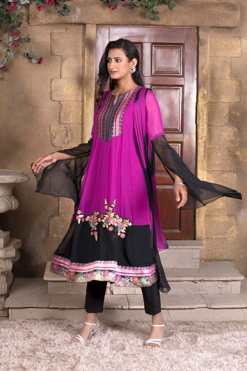 Magenta Embroidered Georgette Anarkali Kurta Pants Set