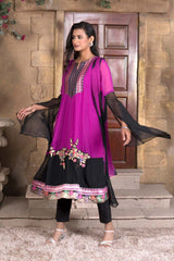 Magenta Embroidered Georgette Stitched Trouser Kurti With Dupatta