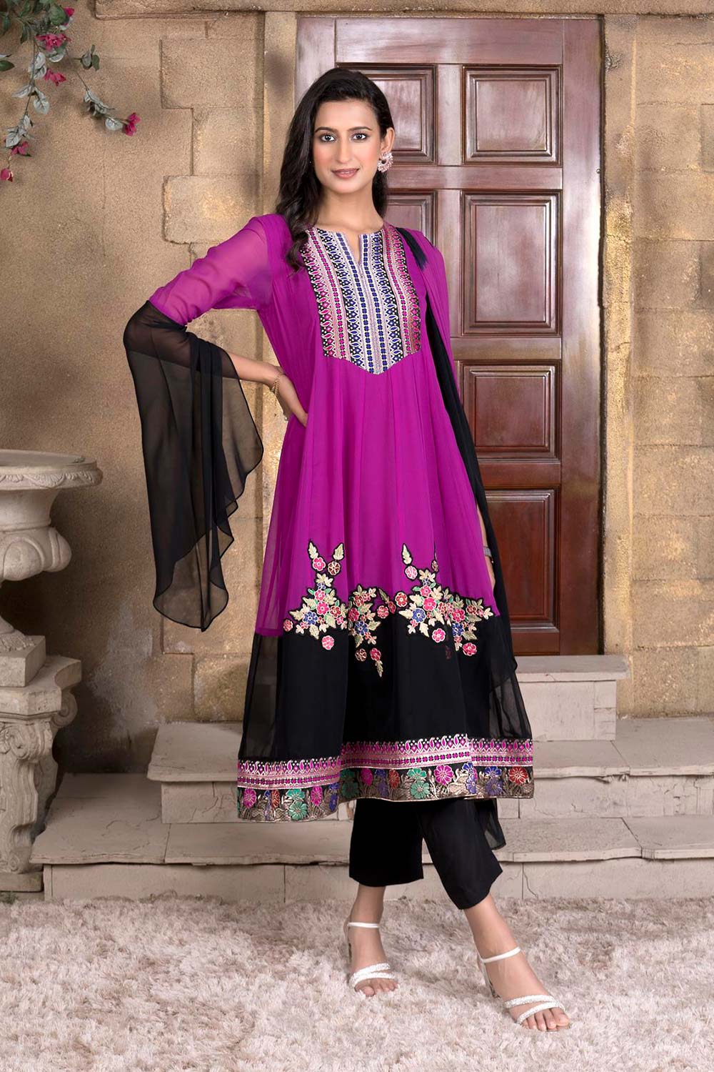 Magenta Embroidered Georgette Stitched Trouser Kurti With Dupatta