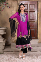 Magenta Embroidered Georgette Stitched Trouser Kurta With Dupatta