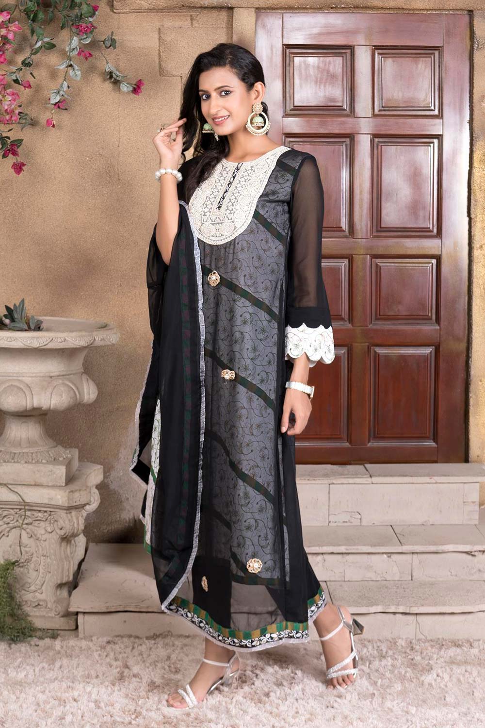 Black Embroidered Georgette Asymmetrical Kurta Pants Set