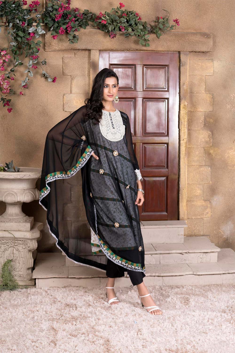 Black Embroidered Georgette Asymmetrical Kurta Pants Set