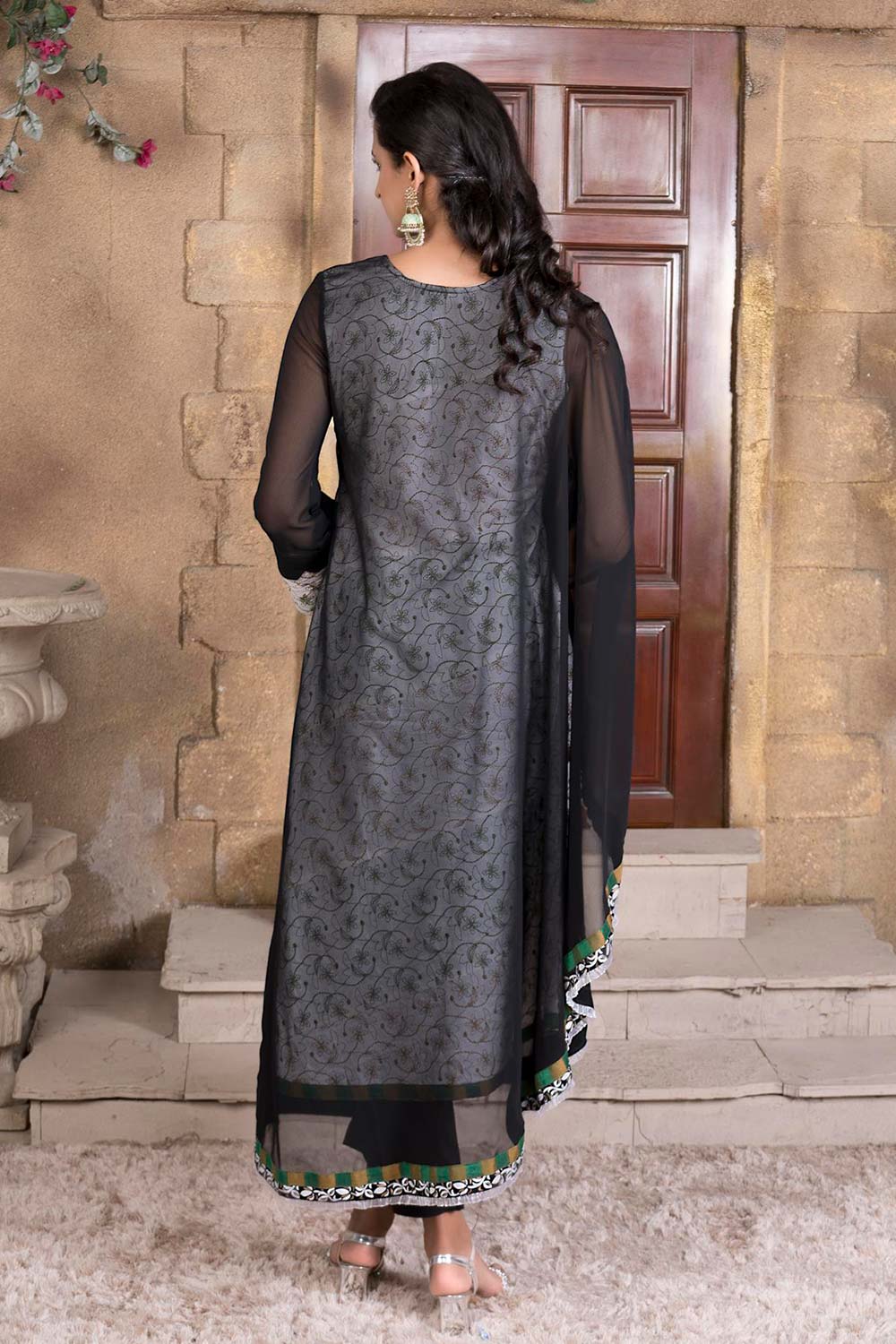 Black Embroidered Georgette Asymmetrical Kurti Pant Set