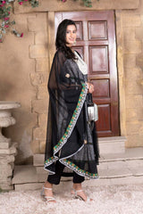 Black Embroidered Georgette Stitched Asymmetrical Trouser Kurta With Dupatta