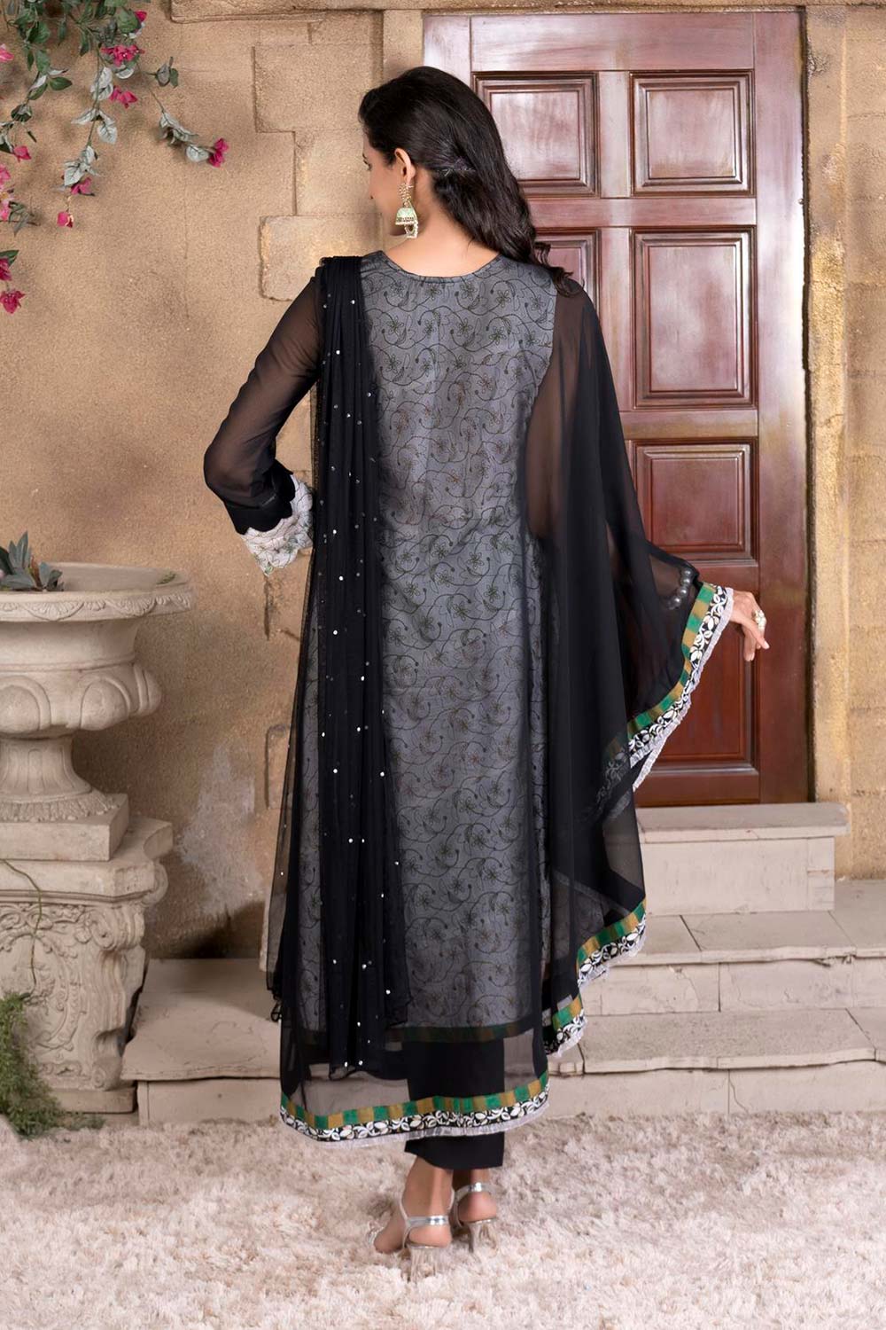 Black Embroidered Georgette Stitched Asymmetrical Trouser Kurti With Dupatta