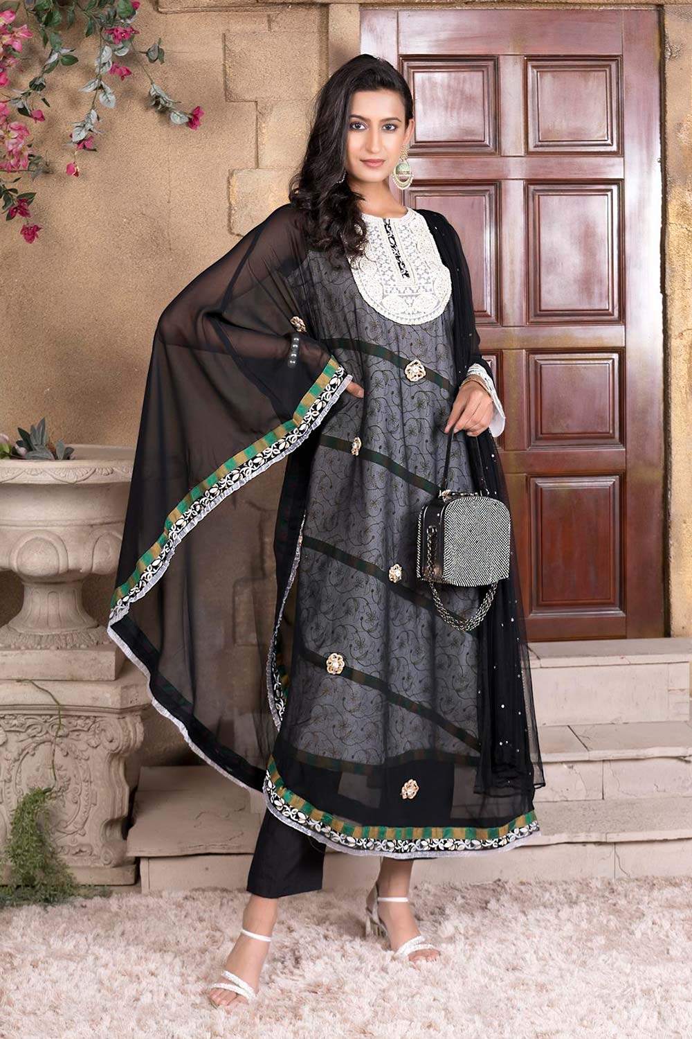 Black Embroidered Georgette Stitched Asymmetrical Trouser Kurti With Dupatta