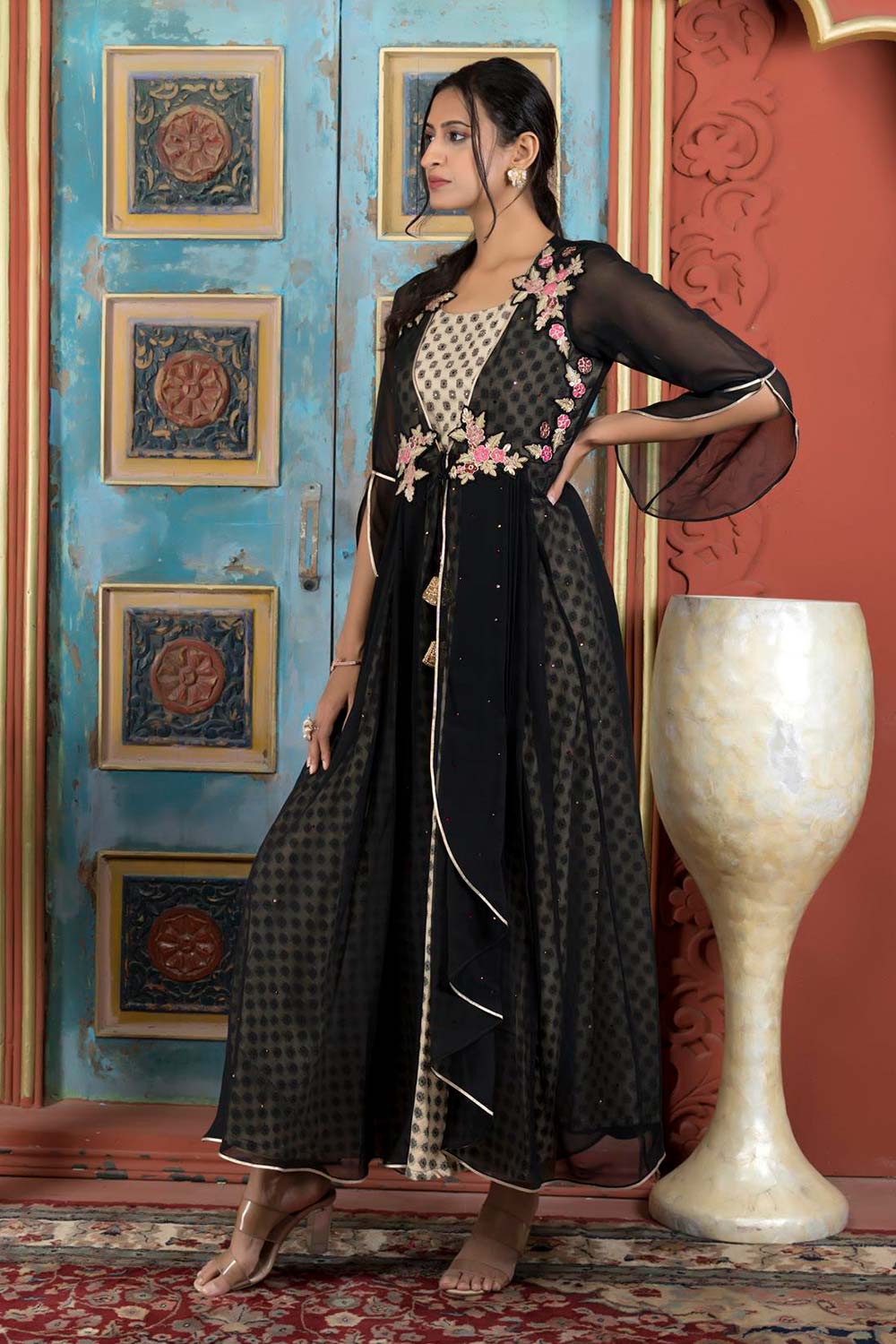 Black Embroidered Georgette Asymmetrical Kurti Pant Set