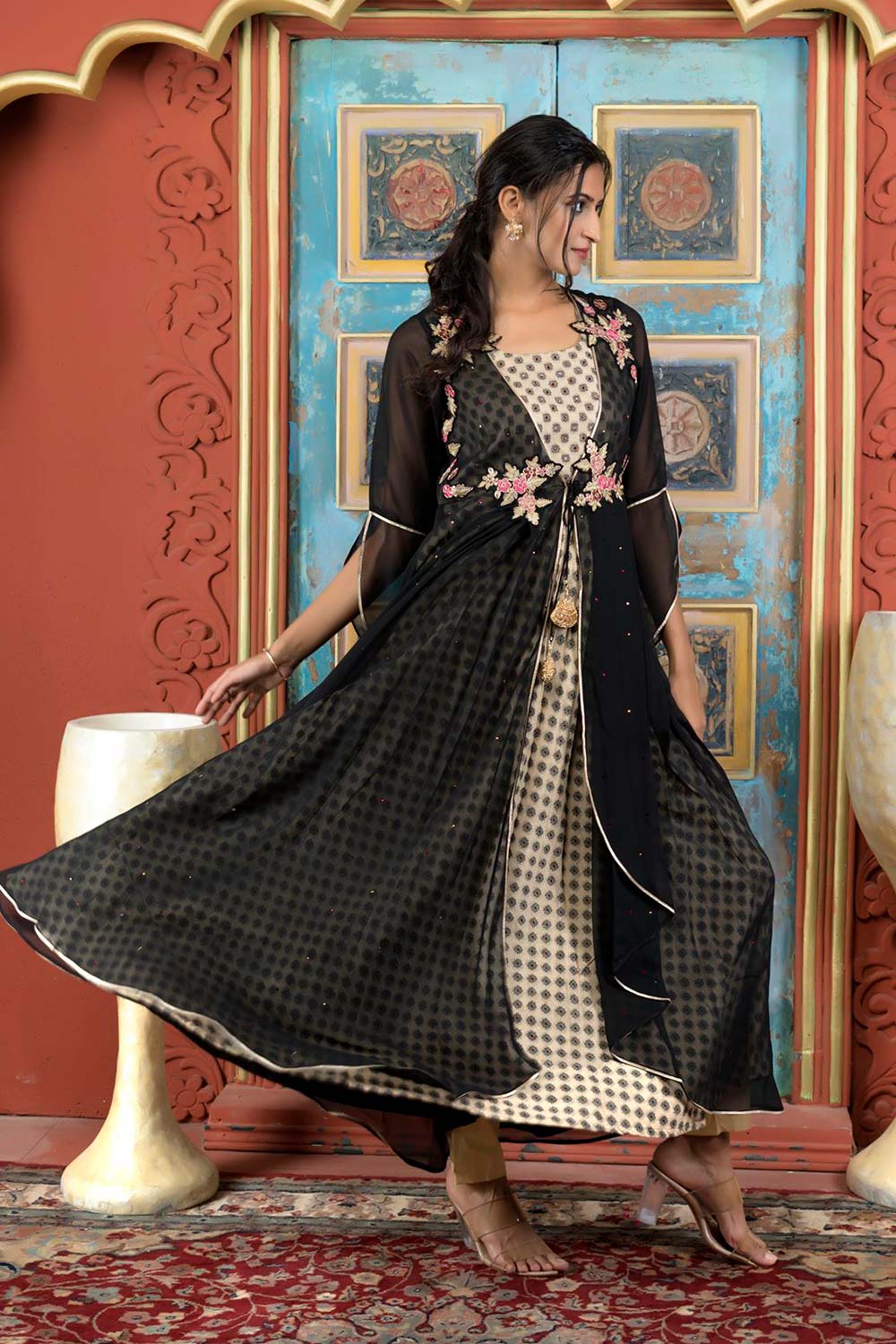 Black Embroidered Georgette Asymmetrical Kurta Pants Set