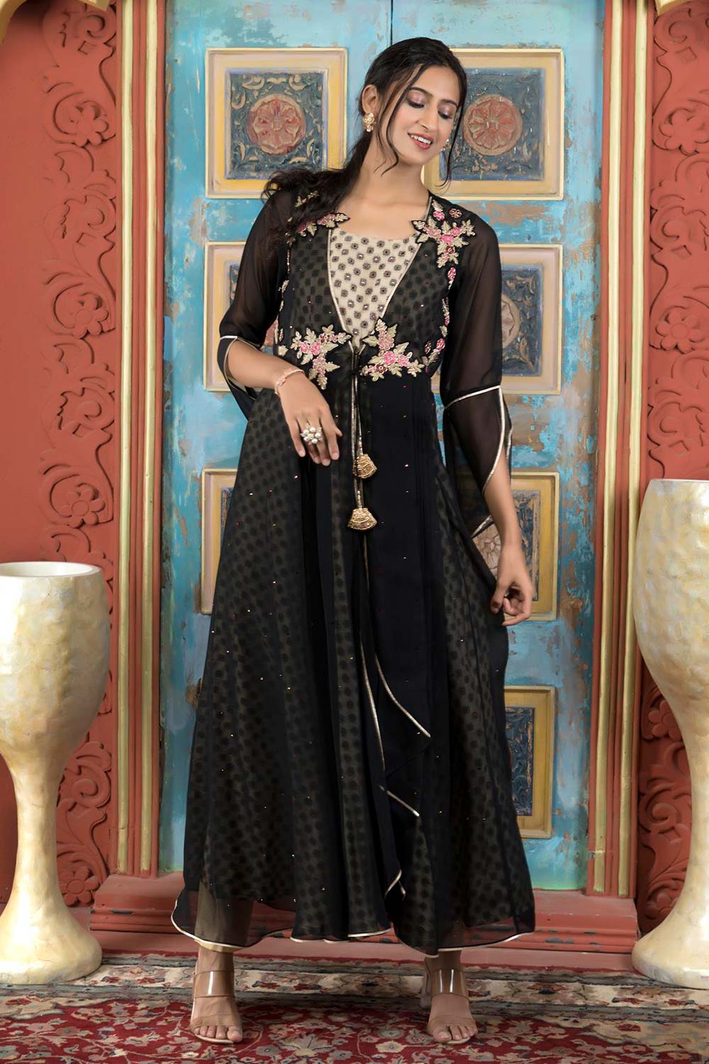 Black Embroidered Georgette Asymmetrical Kurta Pants Set