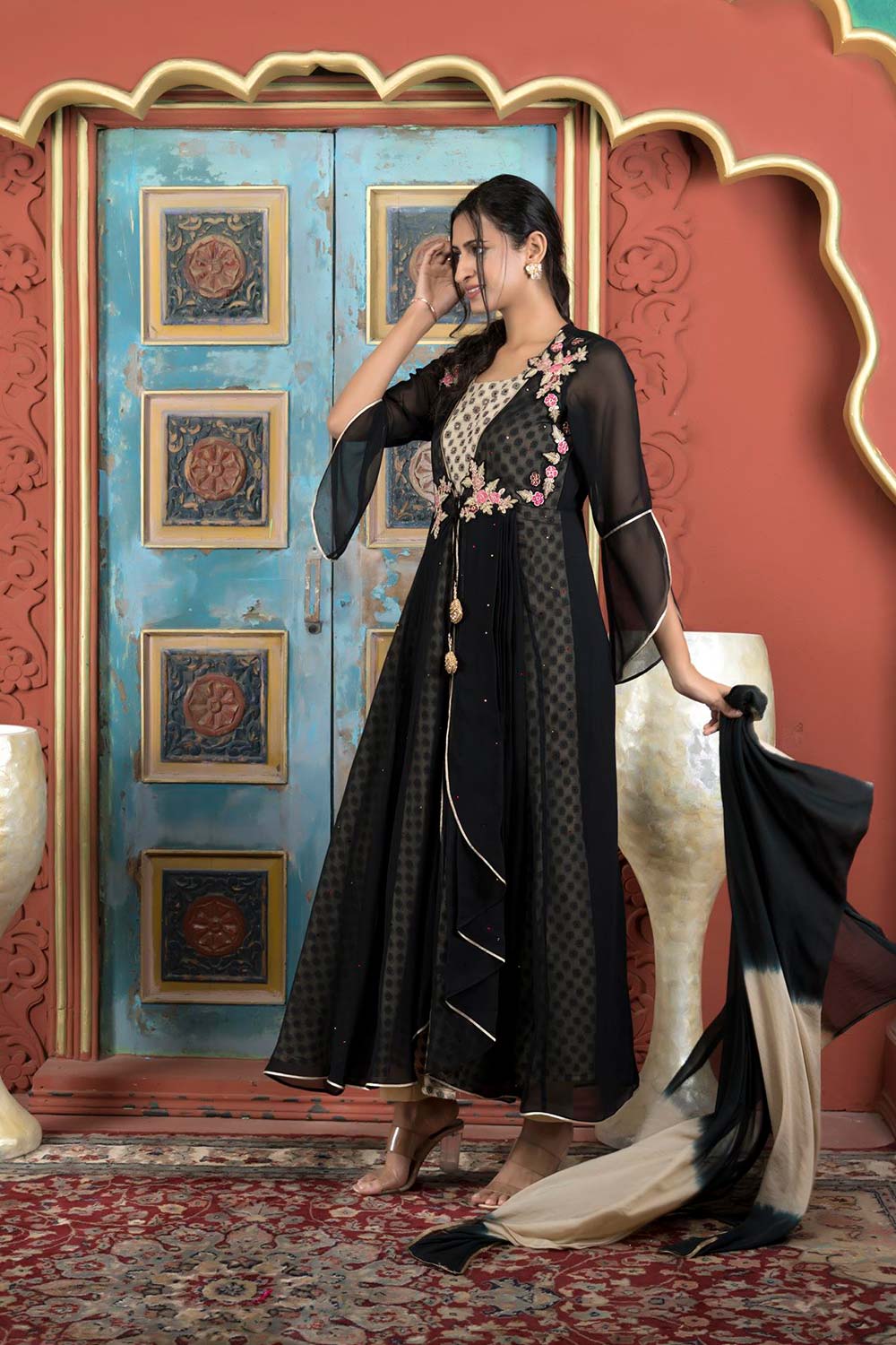 Black Embroidered Georgette Stitched Trouser Kurti With Dupatta