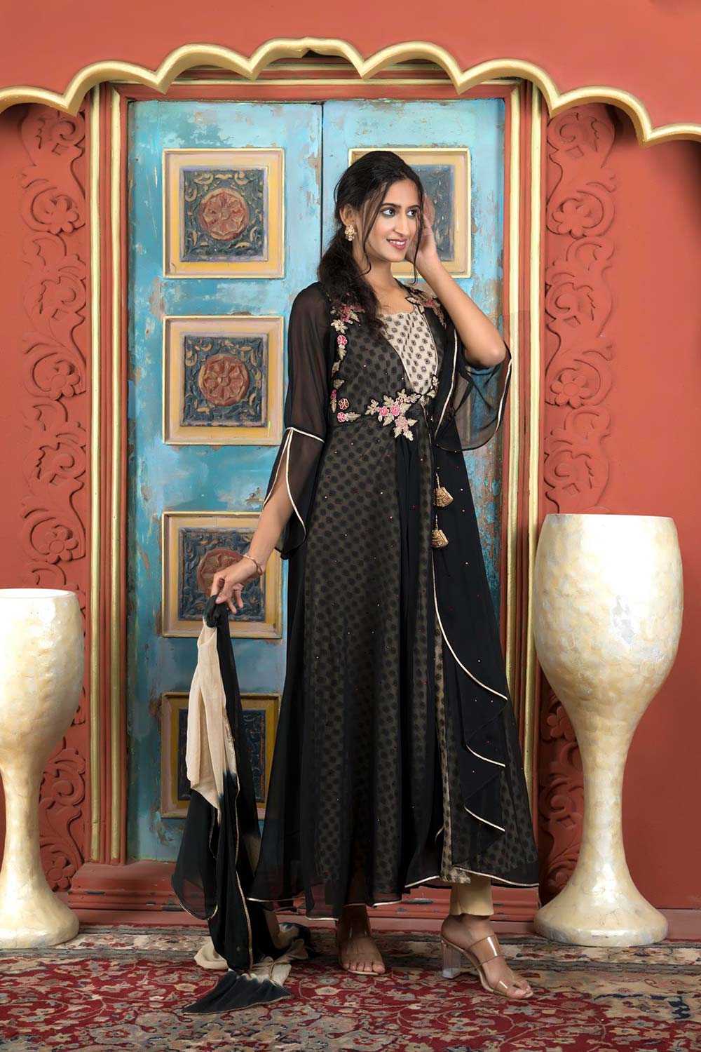 Black Embroidered Georgette Stitched Trouser Kurti With Dupatta