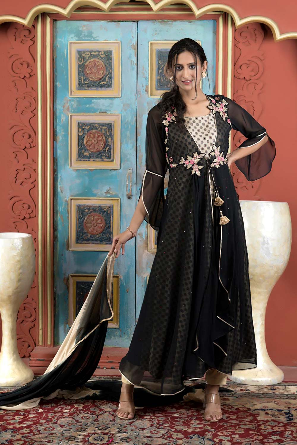 Black Embroidered Georgette Stitched Trouser Kurta With Dupatta