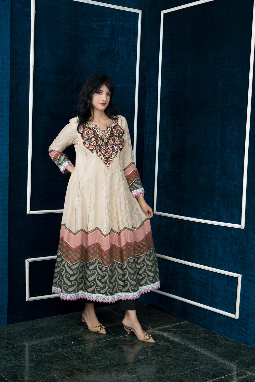 Beige Embroidered Silk Anarkali Kurta Pants Set