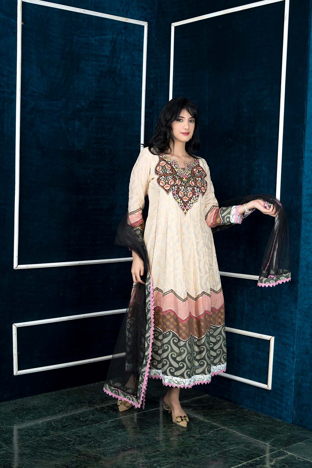 Beige Embroidered Silk Stitched Trouser Kurti With Dupatta