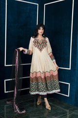 Beige Embroidered Silk Stitched Trouser Kurta With Dupatta