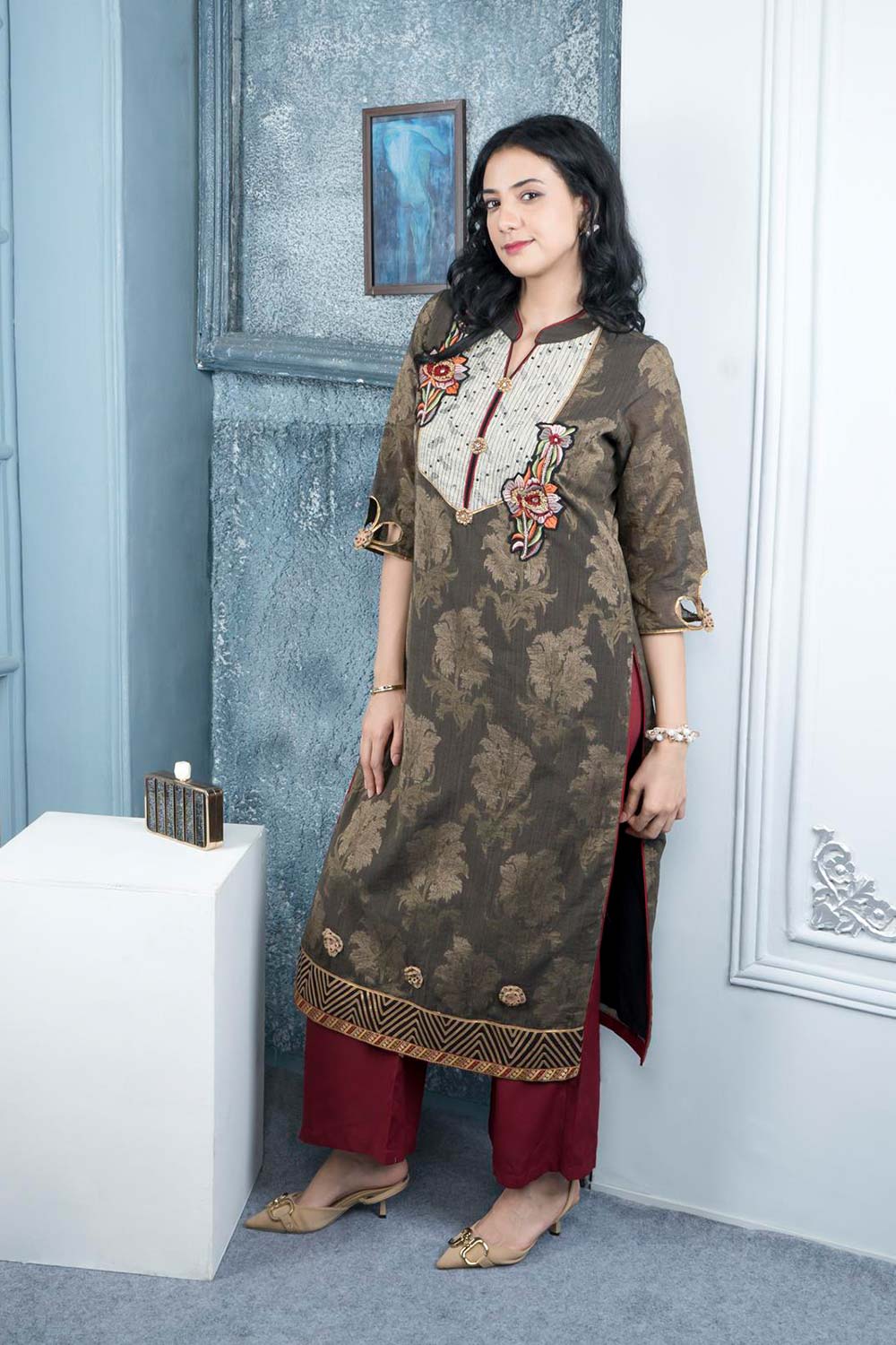 Brown Embroidered Silk Straight Cut Kurta Palazzo Set