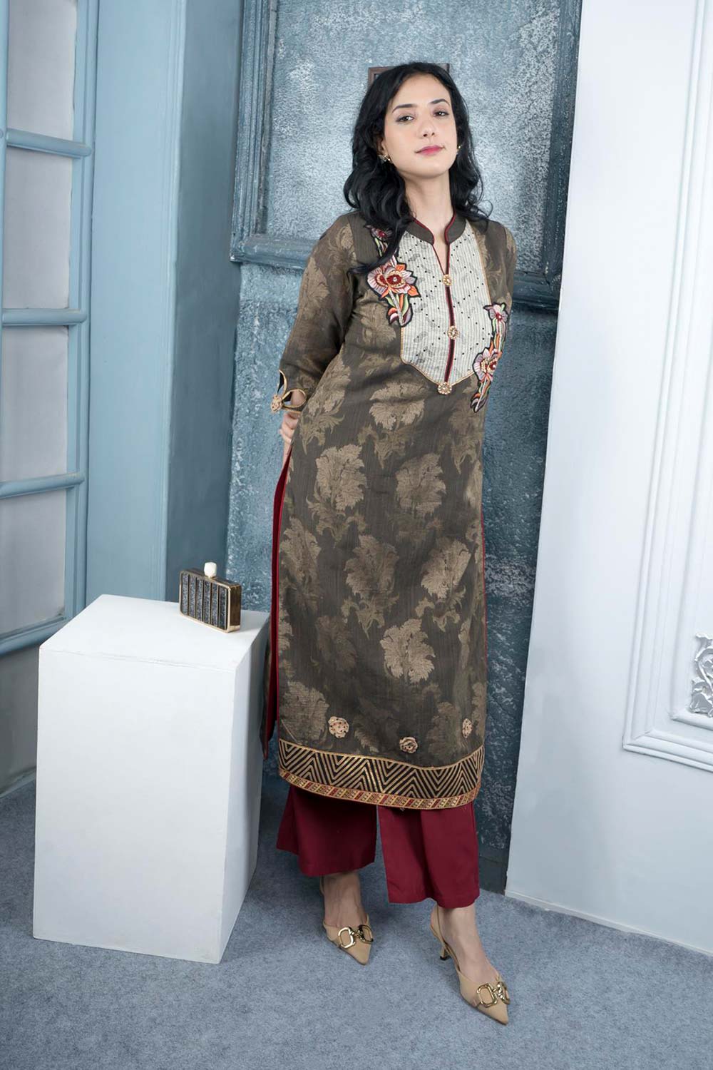 Brown Embroidered Silk Straight Cut Kurta Palazzo Set