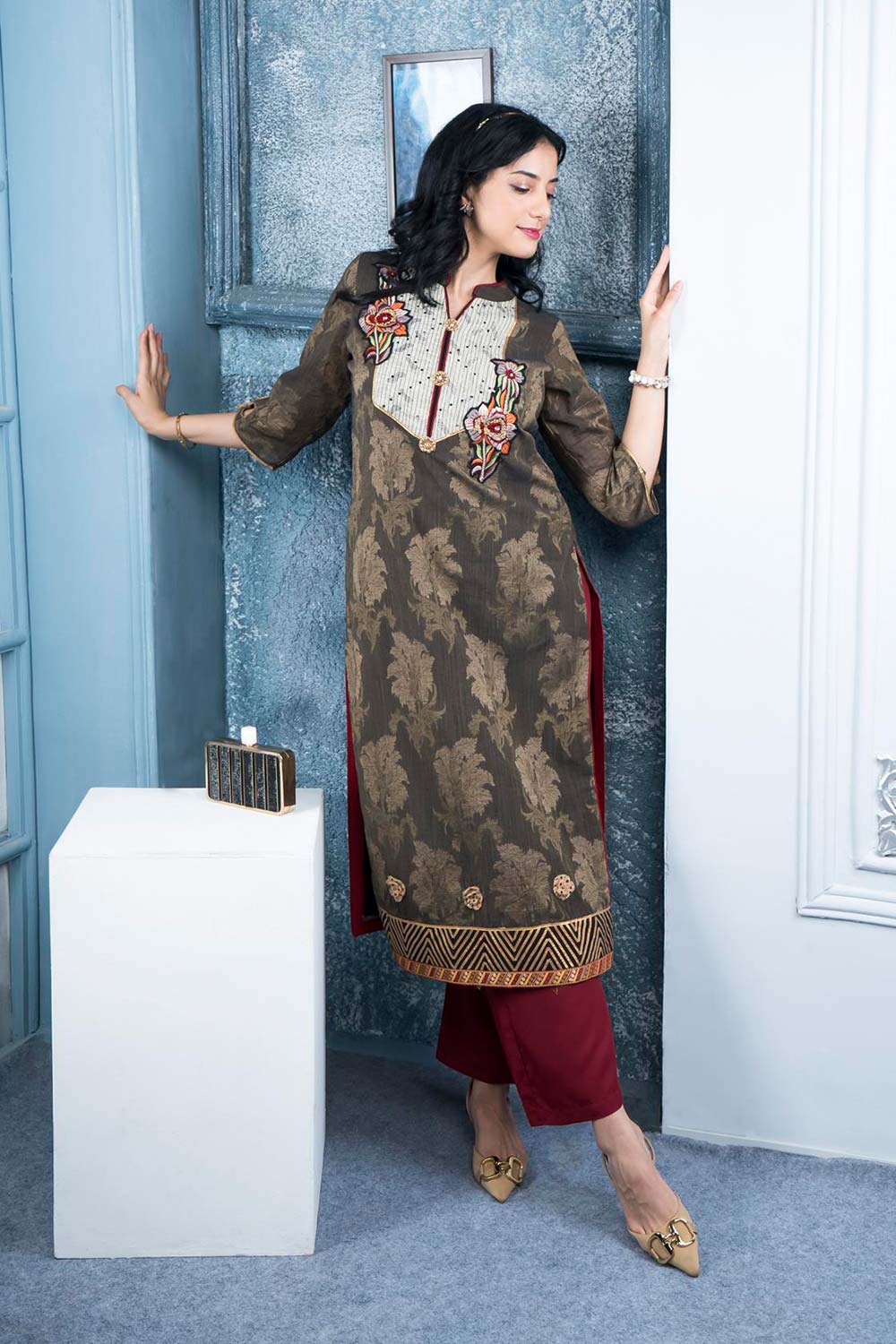 Brown Embroidered Silk Straight Cut Kurti Palazzo Set