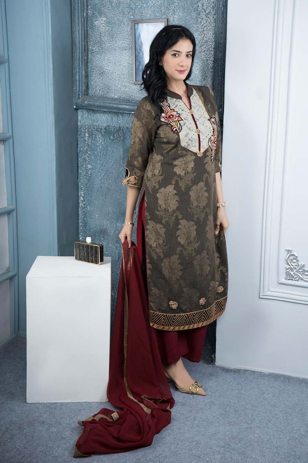 Brown Embroidered Silk Stitched Palazzo Kurti With Dupatta