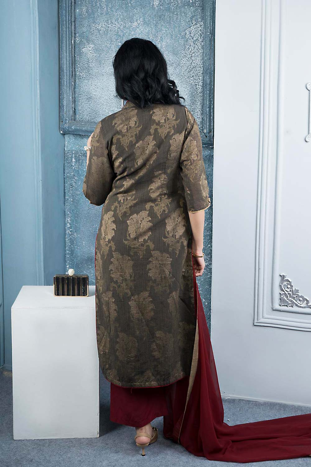 Brown Embroidered Silk Stitched Palazzo Kurti With Dupatta