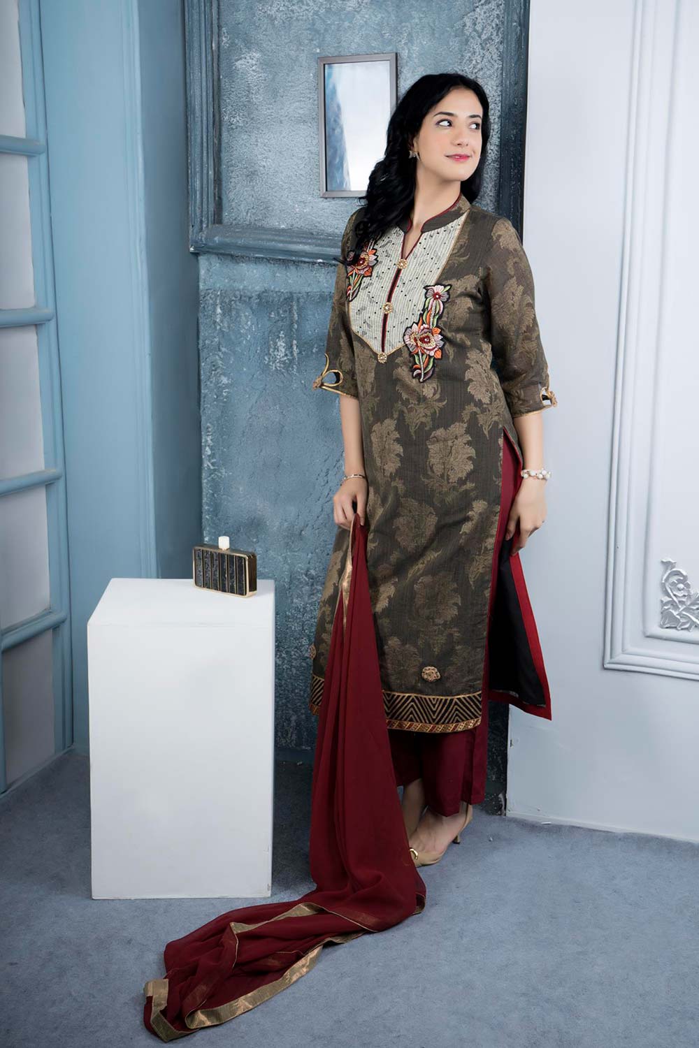 Brown Embroidered Silk Stitched Palazzo Kurti With Dupatta