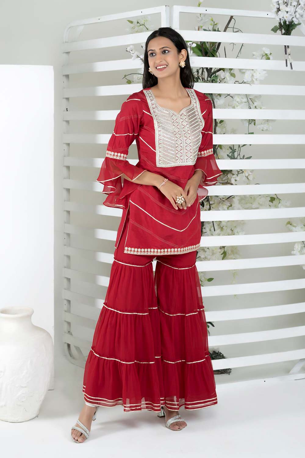 Maroon Embroidered Cotton Straight Cut Kurti Sharara Set