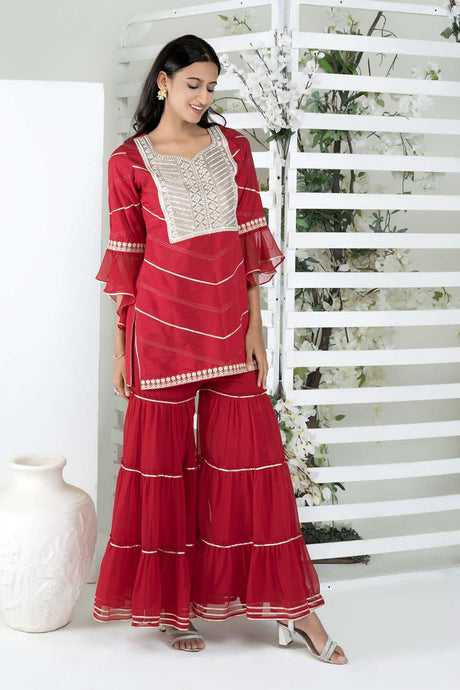 Maroon Embroidered Cotton Straight Cut Kurta Sharara Set