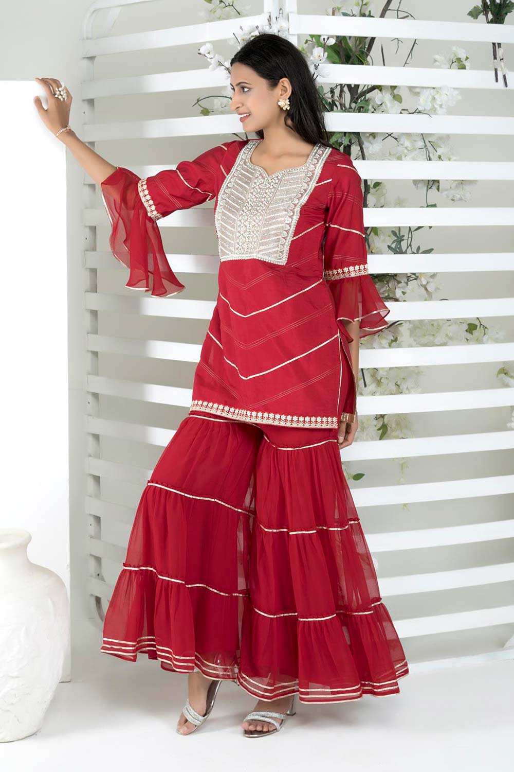 Maroon Embroidered Cotton Straight Cut Kurta Sharara Set